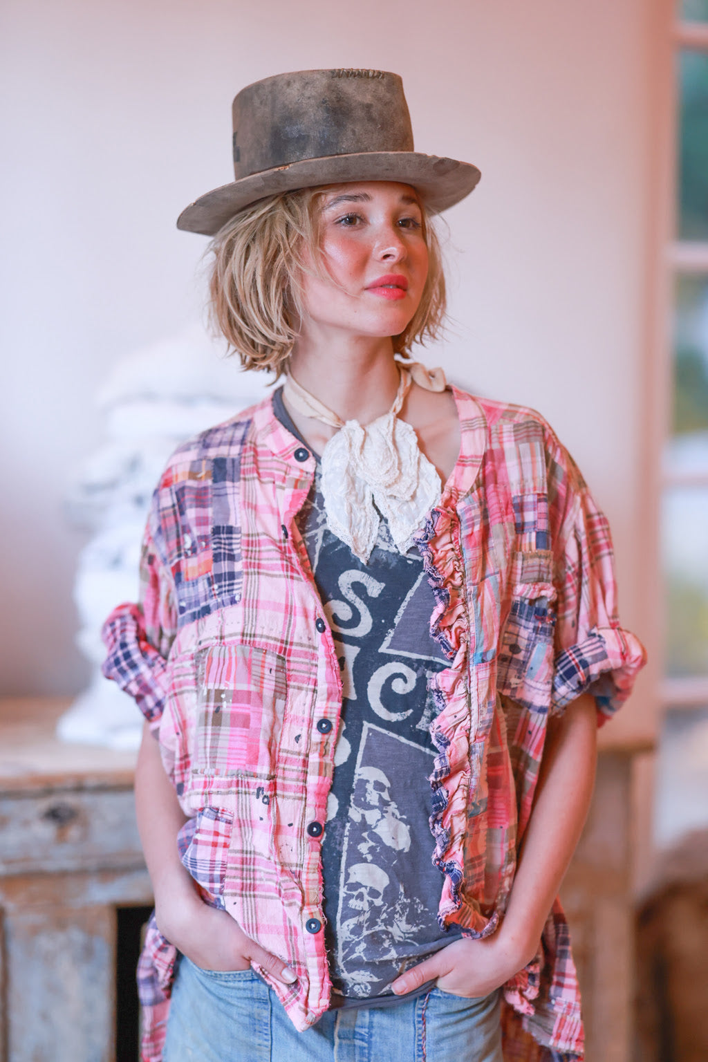 patchwork idgy ruffle shirt