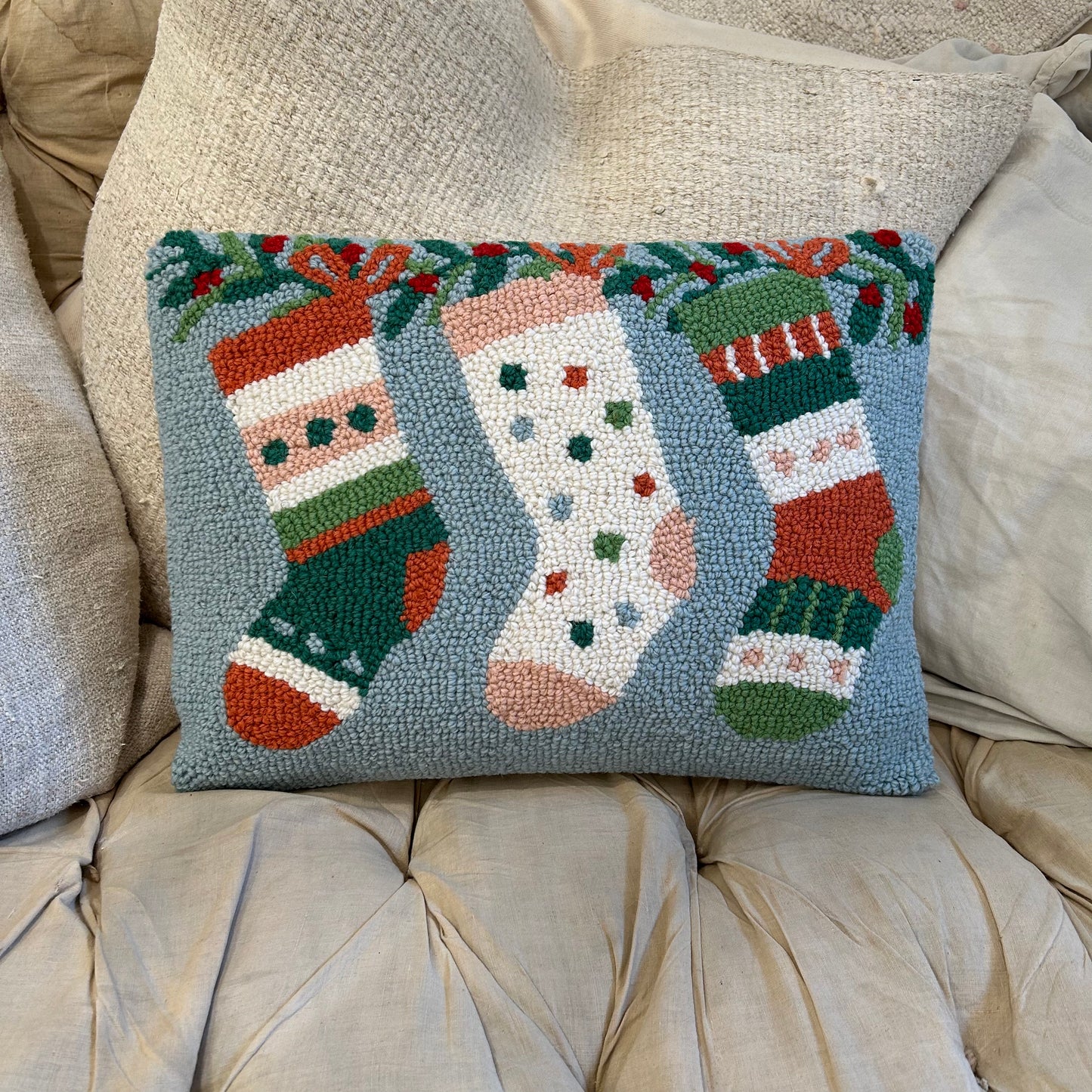 merry stockings hooked throw pillow