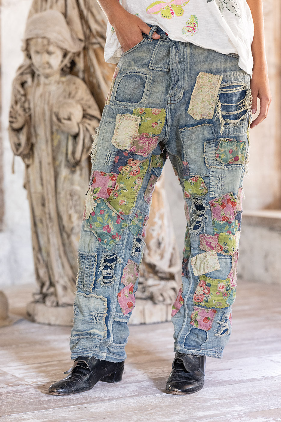 heavily patched miner denims