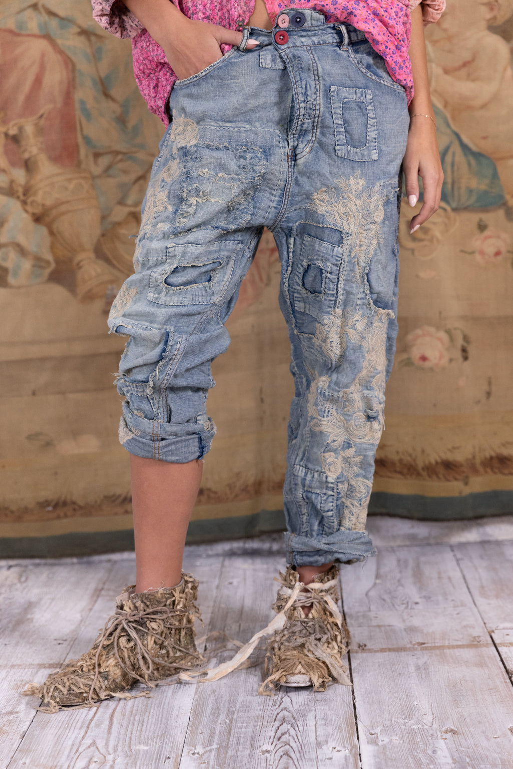 lace embroidered miner denims